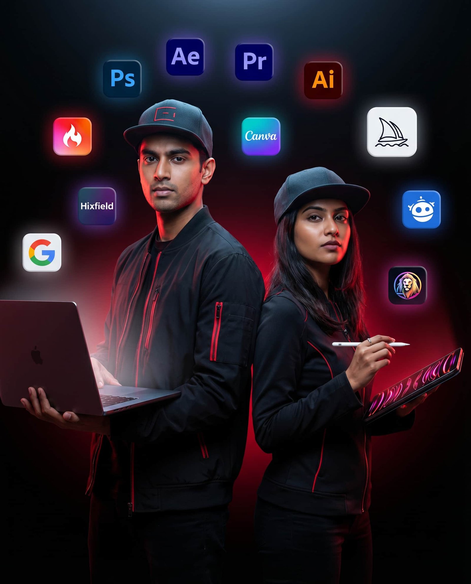 Two young designers stand back-to-back with a laptop and a drawing tablet, surrounded by floating design-app icons (e.g., Photoshop, Illustrator, Premiere).